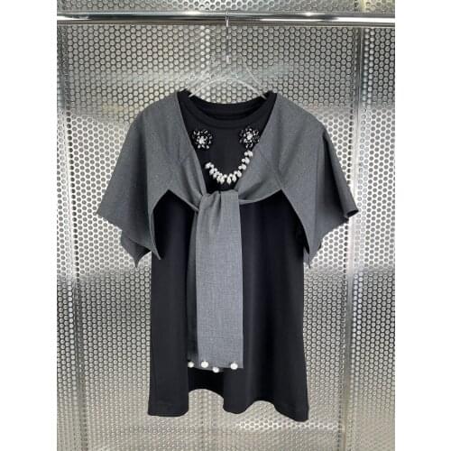 Summer Luxury 2021 New Women Beading Cape Short Sleeve T-Shirt Female Casual Tee Tops 2 Color Ddxgz2v 6.10