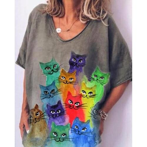 2021 Fashion T-shirt for Women Animal Cats Print Tshirt Summer Short Sleeve V-neck Elegant Solid Color Pullover Plus Size