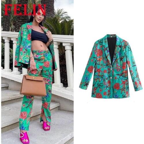 Za 2021 Fashion Autumn Vintage Floral Print Blazer Long Sleeve V Neck Oversized Long Jackets Chic Blue Elegant Women Outwears