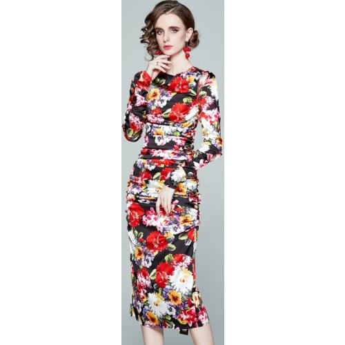 2021 Spring Summer Vintage Retro Boho O Neck Floral Print Floral Sexy Bodycon Dress Elegant Long Sleeve Ruched Satin Dresses