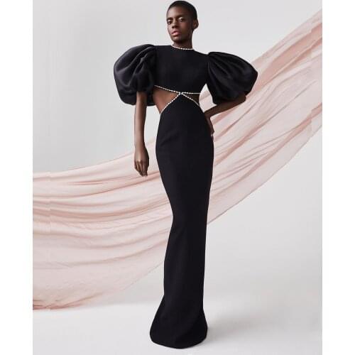 Women High Quality Black Short Sleeve Floor-length Backless Bow Round Neck Hollow Out Split Dress