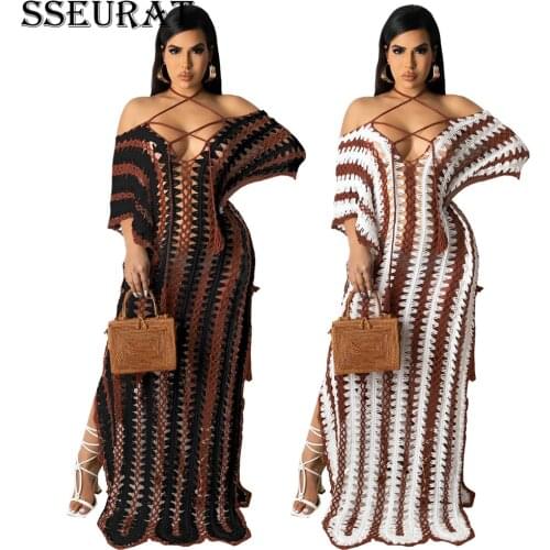 SSEURAT Women Crochet Short Sleeve Bandage Hollow Out Loose Spolited Maxi Dresses Sexy Fashion Beachwear Summer 2021