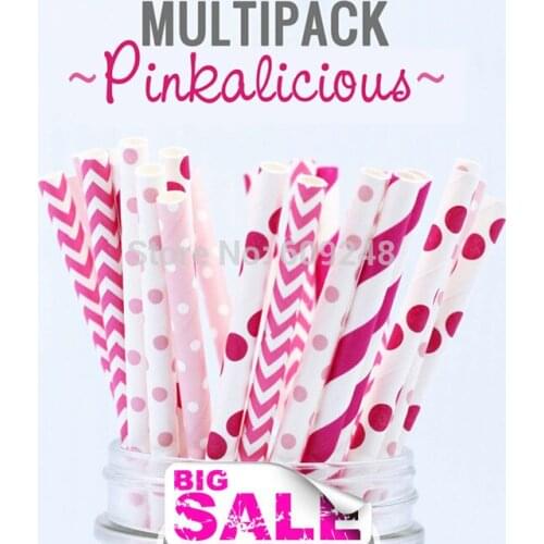 125pcs Mixed Colors PINKALICIOUS Paper Drinking Straws, Deep Pink Striped and Polka Dot, Baby Pink Swiss Dot, Hot Chevron