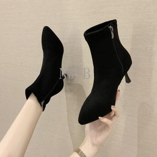 2021 Short Boots Womens Autumn Elastic Thin Boots Pointed Toe Stiletto High Heels Single Martin Boots Knitting Ankle Boots