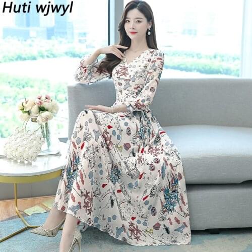 2021 Print Vintage Casual Long Sleeve Dresses Spring Autumn Women Bodycon Party Maxi Vestidos Plus Size Chiffon Boho Beach Dress