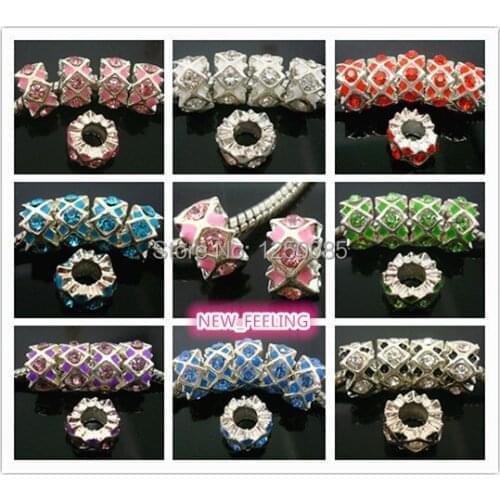 30pcs Fashion Silver Plated Rhinestones Enamel Round Spacer Beads Fit European Charms Bracelet and Necklace DIY Jewelry making