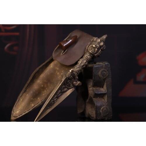 9" Tibet Buddhism Temple bronze Skull FaQi Dharma Old cowhide stitching instrument cover Dorje Vajra Phurpa Exorcism FaQi