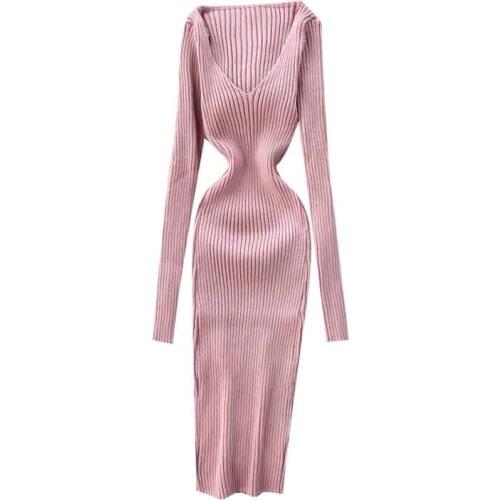 Elastic Tight-fitting Knitted Dress 2021 Fall/winter V-neck Temperament Slim Sexy Hip-wrapped High Waist Mid-length Base Skirt