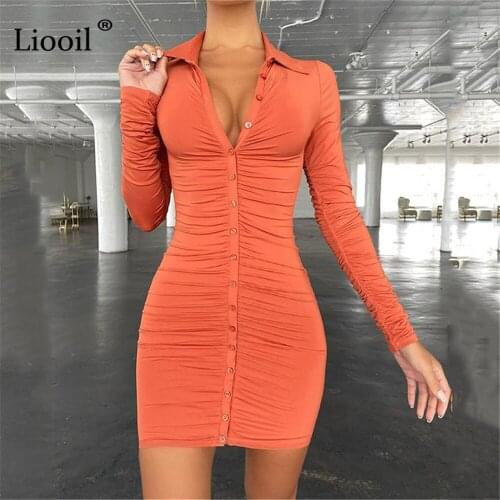 Liooil Cardigan Button Up Ruched Bodycon Mini Dress Women Streetwear Long Sleeve Turndown Collar Black Sexy Draped Tight Dresses
