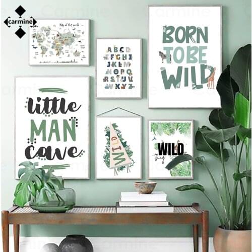 World Map Wall Art Canvas Painting Scandinavian Poster and Print Cartoon Animals Quote Printing Pictures Nursery Kids Room Decor