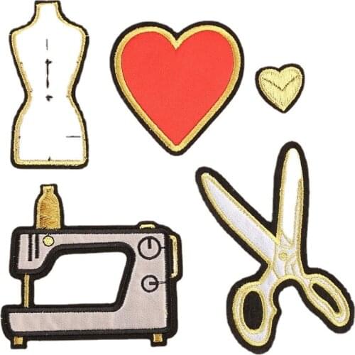 Cool Sewing Machine Tailor Scissors Embroidered Patches Iron on Red Heart Badges Clothing Trimming Appliques for Clothing Coats