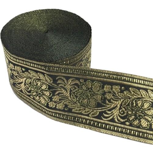 ZERZEEMOOY 2" 5cm 10yard/lot High Quality Woven Jacquard Ribbon Black Background Gold Flowers Pattern Straps And Belt Lace