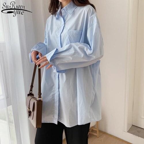 Fashion Woman Shirts Long Plus Size Blouse Women Solid Mid-length Shirts 2021 Korean Autumn Chic Cotton Office Lady Tops 10359