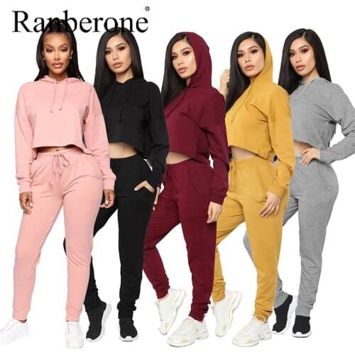 Ranberone Fashion Suit Women Sport Solid Color Sportswear Autumn Oversize Hoodie Jump Sweatpants Suits Sexy 2 Pieces Set 2020
