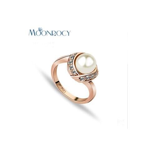 MOONROCY Drop Shipping Rose Gold Color CZ Imitation Pearl Ring Crystal Rings Jewelry Wholesale for Women ITALINA Jewelry Gift