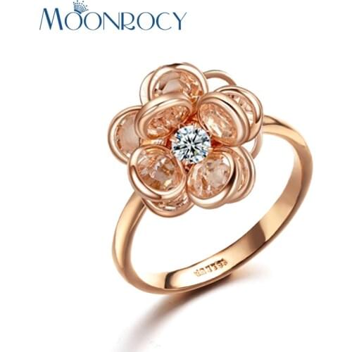 MOONROCY Drop Shipping Fashion Jewelry Wholesale Cubic Zirconia Rose Gold Color Crystal Rings Flower Rings for Women Gift