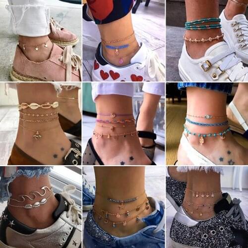 Personality Women Shell Lips Leather Chain Pendant Silver Color Multilayer Anklet Set Classic Summer Beach Jewelry Gift