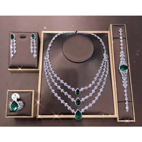 Janekelly 4pcs Bridal Zirconia Full Jewelry Sets For Women Party, Luxury Dubai Nigeria CZ Crystal Wedding necklace sets