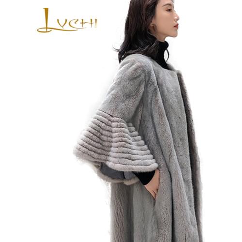 LVCHI 2019 New Winter V-Neck Mink Fur Coat Real Fur Coats Women Thicken Full Pelt Three Quarter Flare Sleeve Long Mink Fur Coats