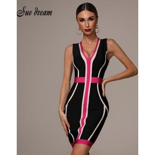 2020 Autumn New Womens Fashion Sexy Striped Stitching Bandage Dress Deep V-neck Vestidos Party Club Mini Christmas Dress