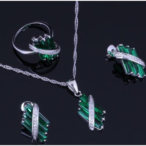 Dazzling Green Cubic Zirconia White CZ Silver Plated Jewelry Sets Earrings Pendant Chain Ring V0971