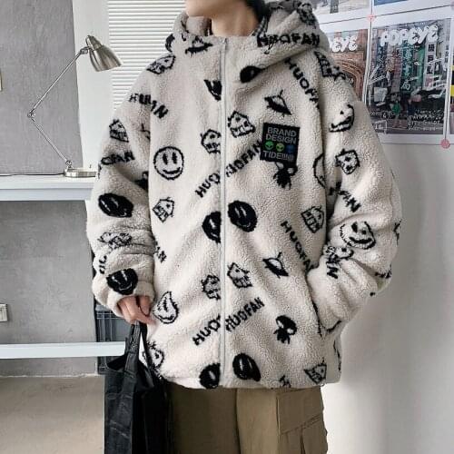 Neploha Printed Cute Cartoon Face Casual Hooded Men’s Jacket Coat Streetwear Loose Zipped Outerwear Parkas 2021 Fashion Cloth