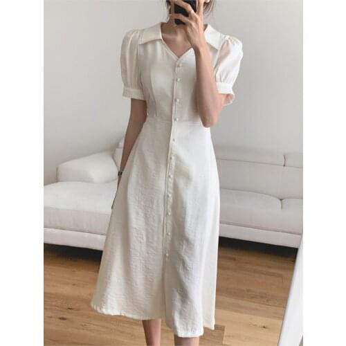 Women Elegant Single Breasted Mid Solid Short Sleeve Casual Office Lady Summer Sundress
