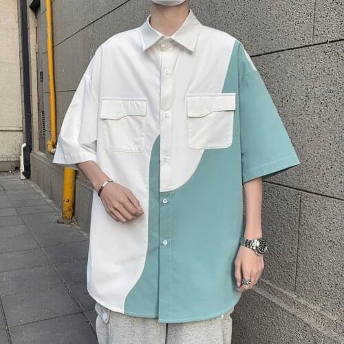 Japanese Mens Patchwork Shirt Streetwear Harajuku Shirts Men Pockets Decor Hip Hop Oversized Shirts Short Sleeve Casual Tops