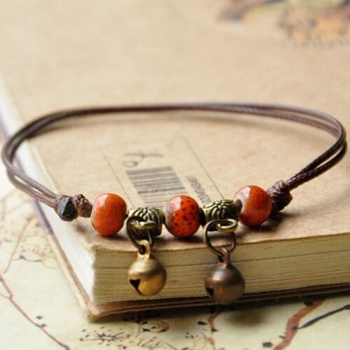 Silver Bell Charm Bracelets Women Anklet Ceramic Beads Weave Rope Link Chain Adjustable Bangles Wristbands Fashion Jewelry