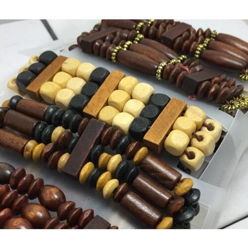 12pcs Vintage Wood Layered Beaded Handmade Elastic Bracelets Stretch Adjustable Retro Tribal Wristbands Mens Cuff Boy Gift