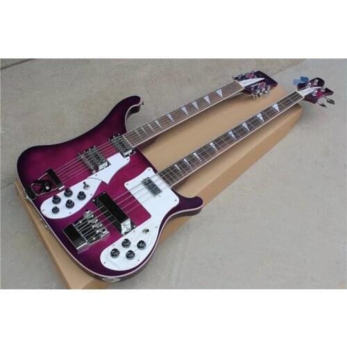 Factory Custom 12+4 Strings Purple body Double Neck Electric bass Guitar ,Chrome hardware,Provide customized service
