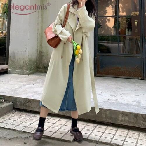 Aelegantmis Casual Long Double Breasted Trench Coat for Women Korean Loose Elegent Windbreaker Female Spring Autumn Trench Mujer