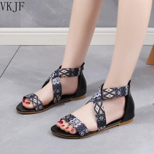 2021 Summer New Womens Shoes Fashion Casual Solid Color PU Stitching Ethnic Cloth Floral Embroidery Back Zipper Flat Sandals