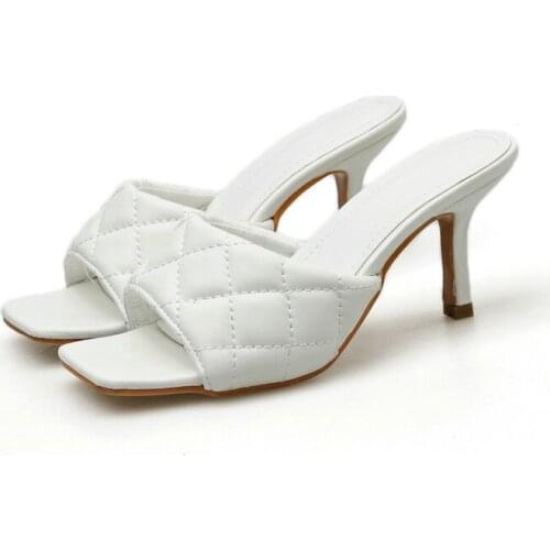 Fashion PU pattern PU Square head Peep Toe 8CM High Heel Slippers Summer Fashion Slip On Thin Heels Slides Women Mules