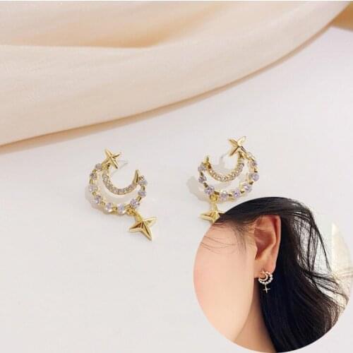 Hot Shine Exquisite Crystal Moon Earring for Women Rhinestones Star Stud Earring Wedding Jewelry Pendant Birthday Gift