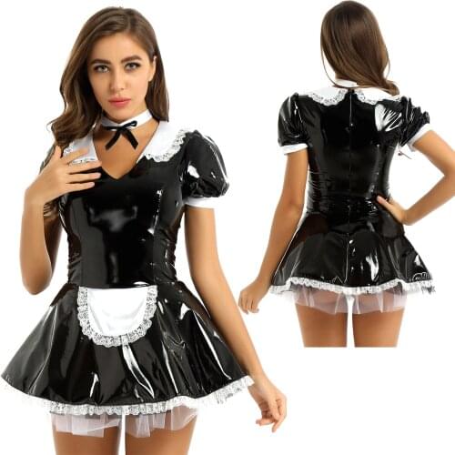 Womens Ladies Exotic Maid Dress Up Wetlook Costumes Clubwear Patent Leather Lace Trimming Latex Role Play with Neck Ring