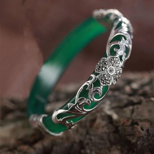 2021 New S925 Sterling Silver Vintage Bracelet Female Jade Bracelet Agate Open High-end Bracelet