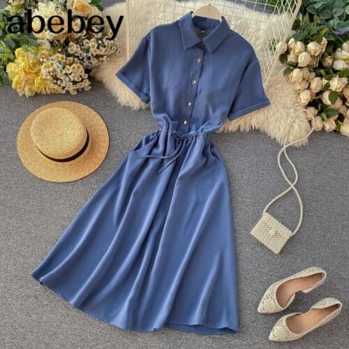 Slim 2020 Polo Neck Summer Midi Long Blouse Dress A-Line Party vestido de festa Dresses Women Casual Elegant Office Vestidos