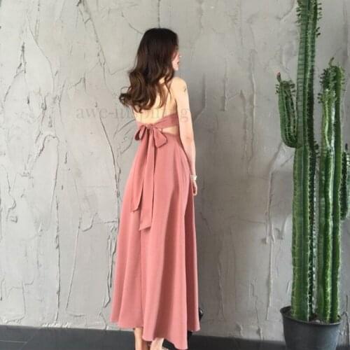 Women 's Casual Chiffon Backless Bow Tie High Waist Sling Midi Dress Beach Style Korean Pink Black Vestidos
