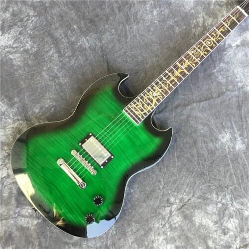 6 String Electric Guitar, High Quality Mahogany Body, Chrome Plated Hardware, Maple Flame Green Upper, Tuning Fork, Decor