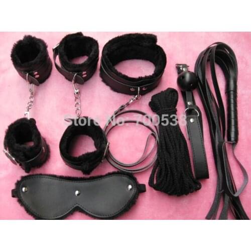 Black 7pcs set sex bandage hand cuffs flirt toys adult games Lash,Sex Toy,Sex products Double PU with Plush Drop shipping