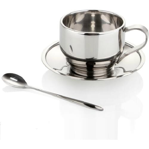 Household 150ml Insulated Coffee&Tea Cup Double Wall 304 Stainless Steel Travel Handle Mugs With Spoon Dish Plate Saucer Sets