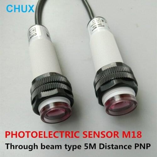 Photoelectric Sensor Switch PNP Through Beam type 5m Sensing Detect Distance NO/NC/NO+NC Photocell Sensor M18