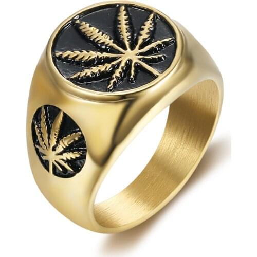 HIP Hop 7-12 size 316L Stainless Steel Iced Out Bling Gold Color Weed Maple leaf Rings for Men Jewelry