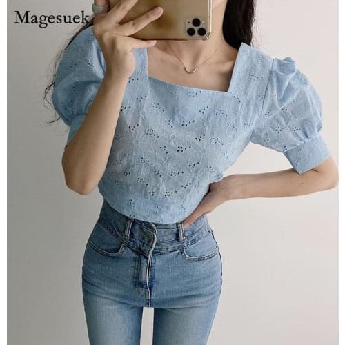 Korean Summer Women Tops 2021 Square Neck Puff Sleeve Slim Short Shirt Chic Hollow Out Floral Embroidery Lace Blouse Blusa 14296