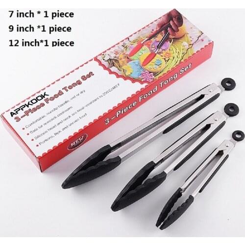 APPKOOK 3pcs Kitchen Tongs Silicone Stainless Steel Food Tongs Non-stick Multifunction Heat-Resistant BBQ Grilling Cooking Tongs