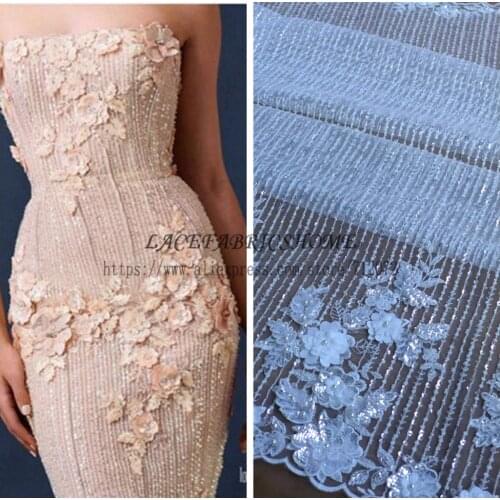 La Belleza Hot hot fashion style Off white beading sequins 3D flowers lace fabric wedding/evening dress lace fabric