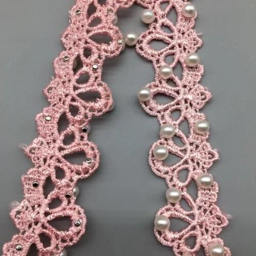 1 Yard Pink Pearl Beaded 3D Lace Trim Tape Lace Ribbon African Fabric Collar Wedding Dress Sewing Garment Headdress Materials