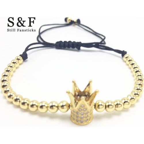 Mens Copper 4mm Bead Crown Bracelet For Women Men Jewelry Adjustable Pulseira Masculina Strand Bracelets Charms Gold Wristband