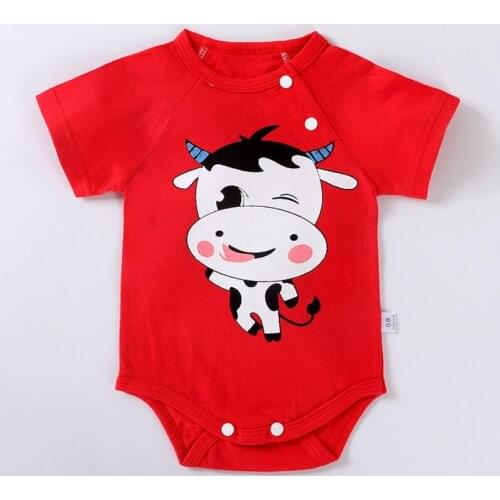 Newborn Kids Clothing Summer Baby Boys Girls Short-sleeved Clothes Baby Onesies Triangle Red Cow Cute Climbing Suits